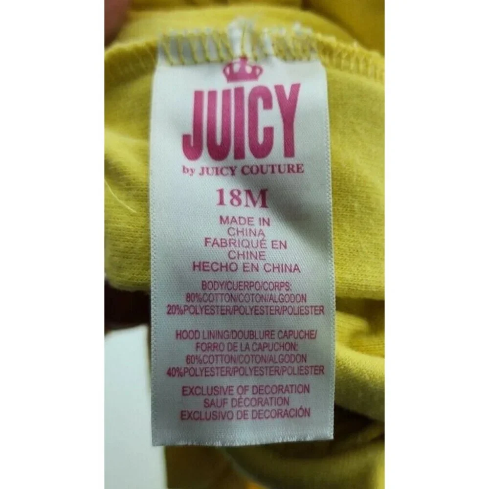 Juicy Couture Baby Girl Zip Front Hooded Romper Terry Cloth Yellow Crowns Sz 18M